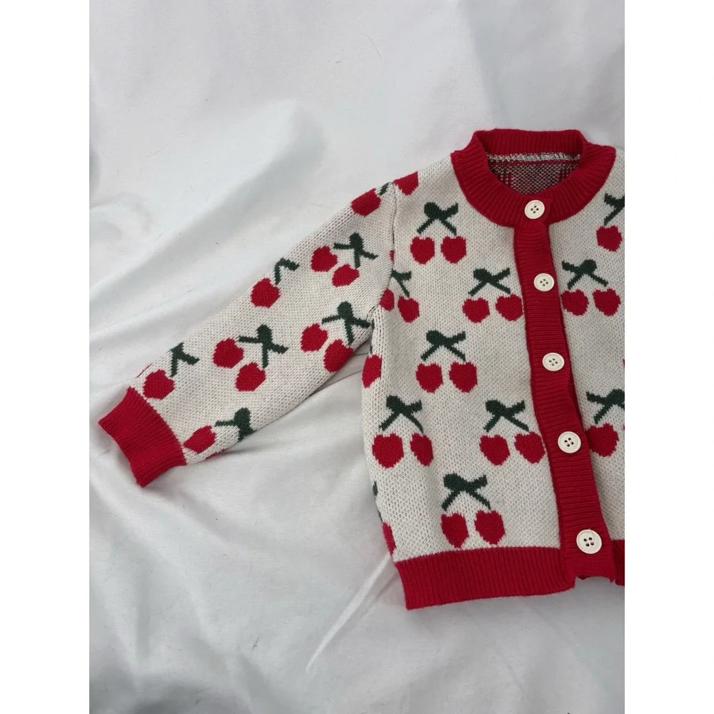Mikistory Baby‎ Girl 12-18m Knit Cardigan Sweater Cherry Cherries Button Down